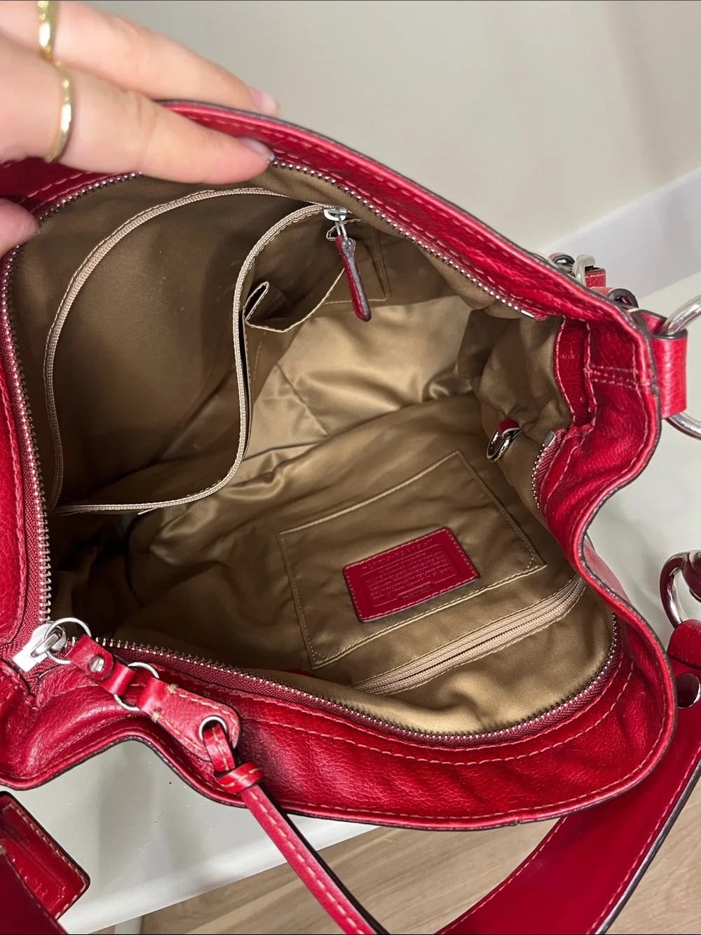 Coach Signature Canvas Hobo Bag in Red and Khaki